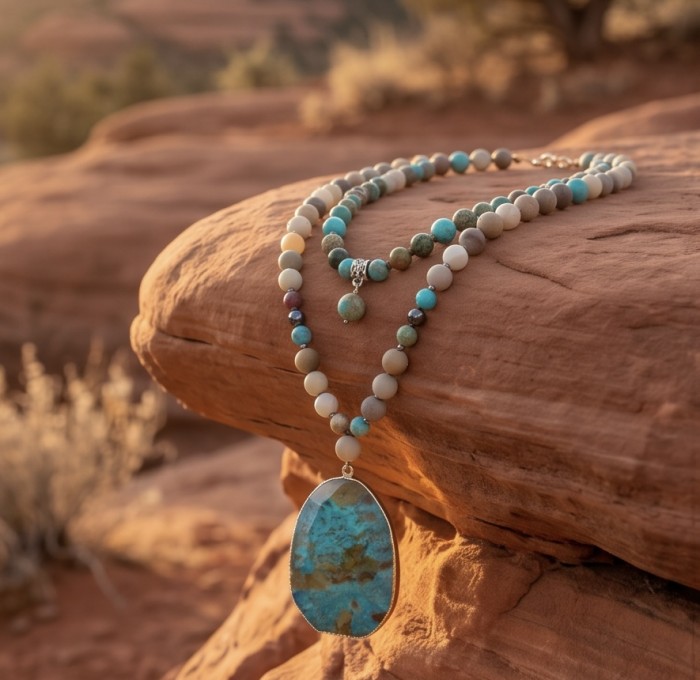 Boho Style - Great quality Chrysocolla .925 Sterling Silver handcrafted Necklace - Boho style necklace on rock with large chrysocolla pendant in sunset lighting.