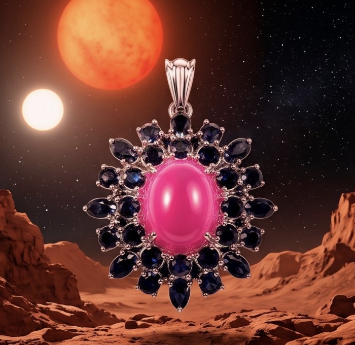 New World - authentic 22.5 carat Star Ruby Sapphire rhodium over .925 Sterling Silver handcrafted Pendant - Star Ruby Sapphire pendant with cosmic background, front view