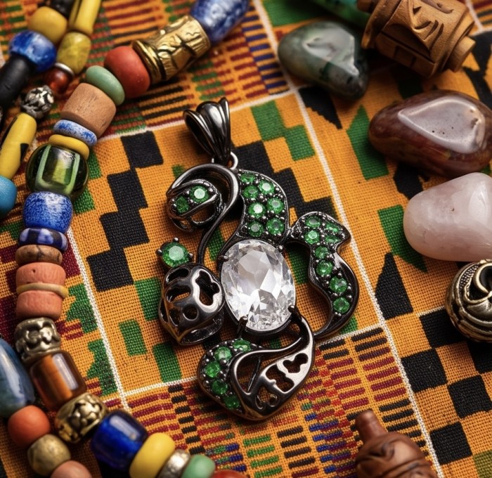 Colors of the Earth Precious 18.5 carat Multigem black rhodium .925 Sterling Silver Statement Pendant - Pendant and beads on Kente cloth, showcasing vibrant colors and design.