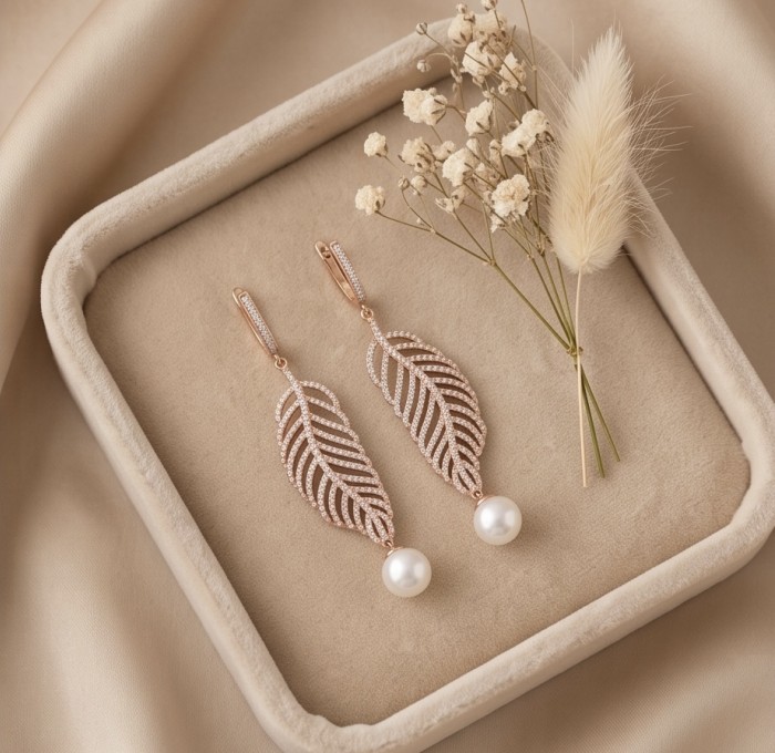 BLOOMING BEAUTY Genuine Pearl 0.2 CARAT lab grown Diamond 22k Rose Gold over .925 Sterling Silver handcrafted Statement Earrings - Elegant pearl and diamond earrings displayed in a jewelry box.