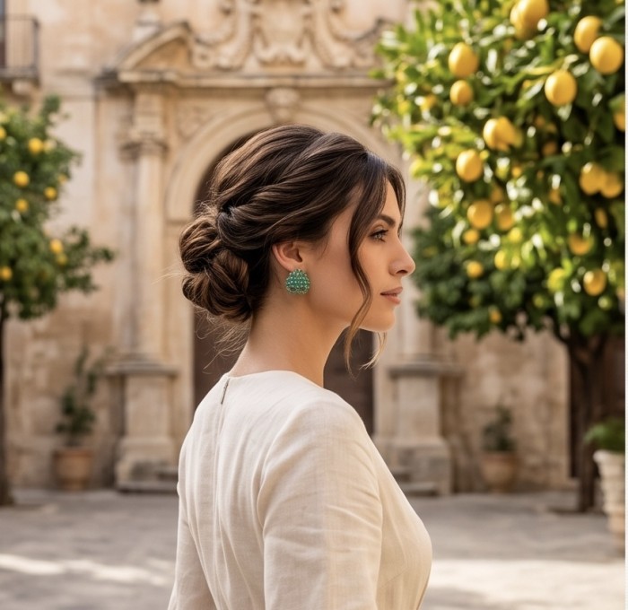 Giovanna - Authentic 10.9 carat COLOMBIAN EMERALD .925 Sterling Silver dipped in rhodium handcrafted earrings - Side view: Woman wearing Giovanna Colombian emerald earrings.