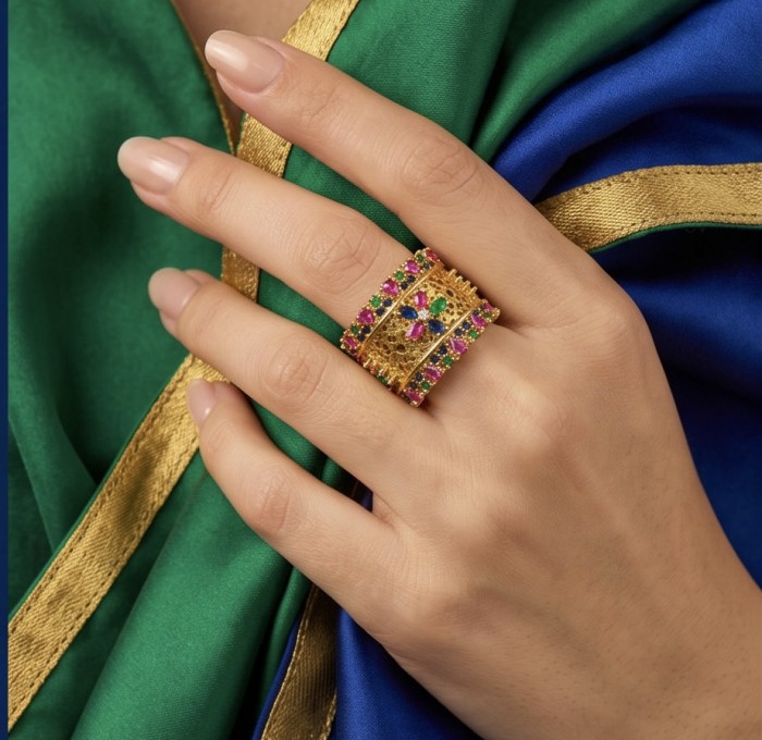 Byzantine design Authentic Ruby 14K Gold over .925 Sterling Silver handmade Ring s. 7 adjustable - Byzantine ruby ring in 14K gold worn on hand with green-blue fabric.