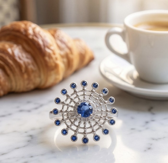 Blue Star 2.5 carat Sapphire .925 Sterling Silver handmade Statement ring size 6 - Blue Star sapphire ring close-up on marble beside croissant and coffee.
