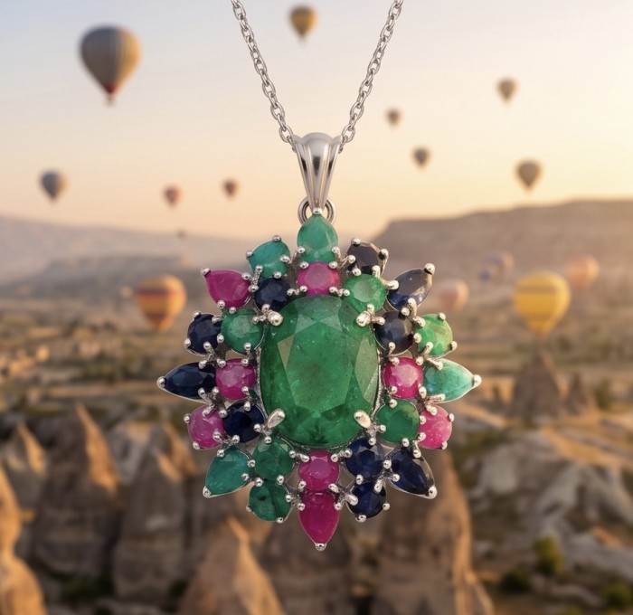 Tiffany - Authentic 8.5 carat Emerald 18K Gold over .925 Sterling Silver handmade Statement Pendant - Emerald pendant close-up with hot air balloons in the background.