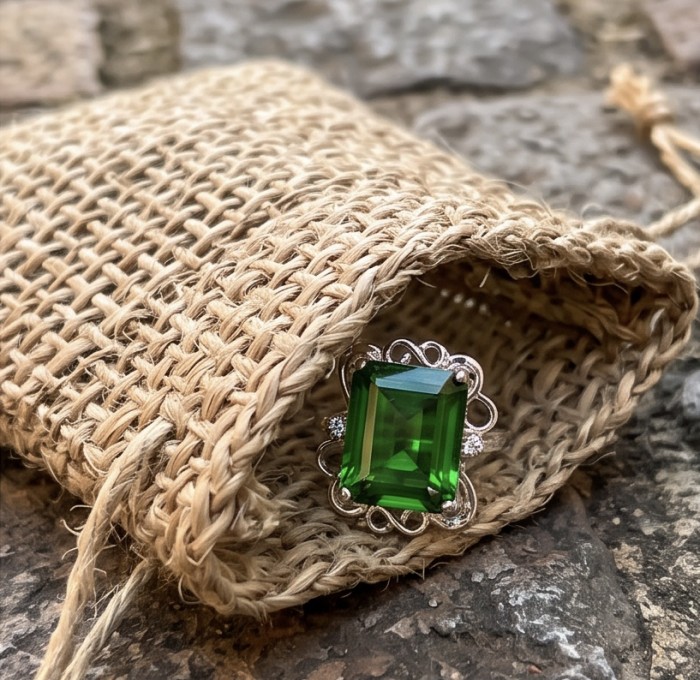 Precious baquette cut 20.9 CARAT Alexandrite .925 Sterling Silver Statement Ring s. 6 - Close-up of a green baguette-cut alexandrite ring on burlap pouch