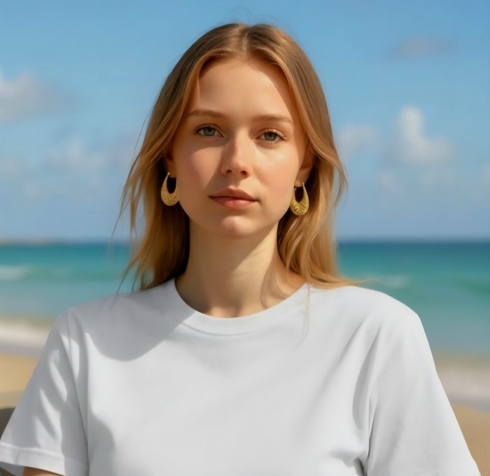 Dubai Style - Mystery- .925 Sterling Silver dipped in 22K Gold handmade Earrings - Woman wearing Dubai Style earrings on a beach.