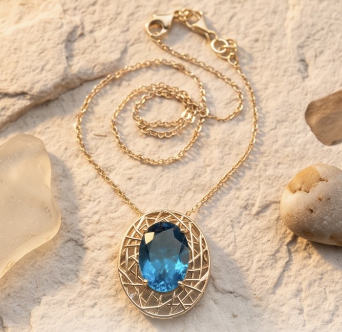 Blue Island - 8.2 carat London Blue Topaz 18K Gold over .925 Sterling Silver handmade Pendant - Gold necklace with blue topaz pendant on textured surface, top view.