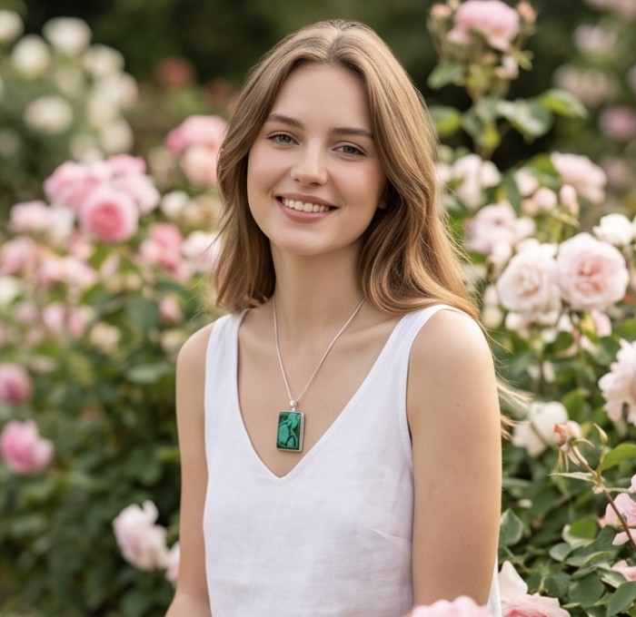 Amazonia 55.2 carat natural Malachite Sterling Silver handmade Pendant - Woman wearing Amazonia Malachite necklace in garden setting.