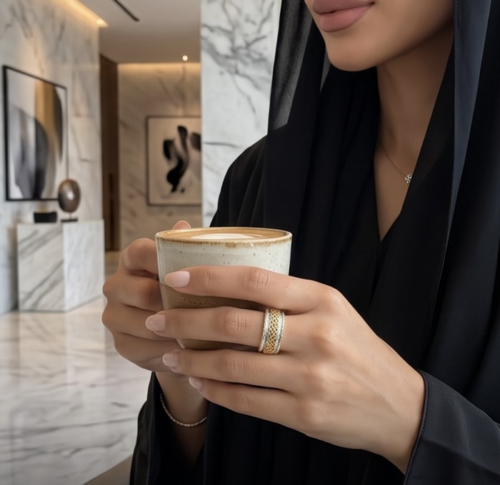 Dubai Style - signet ring - .925 Sterling Silver dipped in 22K Gold handmade Large ring size 6 - Signet ring worn on hand, side view, .925 Sterling Silver, gold accents