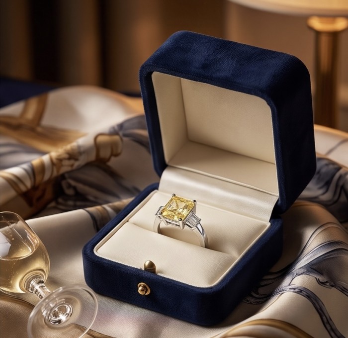 Luxurious baquette cut 6.7 carat Yellow Sapphire .925 Sterling Silver handcrafted Ring s. 8 1/4 - Yellow sapphire ring in blue velvet box, front view with wine glass nearby.