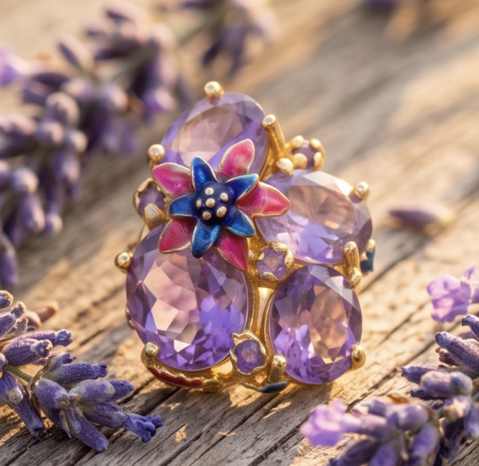 Lila Blossom 17.5 carat Pink Amethyst 22K Gold over .925 Silver handcrafted Cocktail Ring s. 6 3/4 - Close-up of Lila Blossom ring with pink amethyst and floral design.