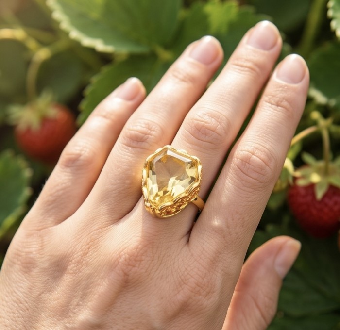 Costa del Sol Authentic 23.8 carat Lemon Quartz 18K Gold over .925 Sterling Silver handmade Ring s. 10 - Lemon Quartz ring worn on hand, strawberries in background.