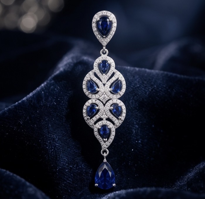 Isabella 6.8 carat natural Sapphire .925 Sterling Silver Perfectly handcrafted pendant - Isabella sapphire earring front view on dark velvet background