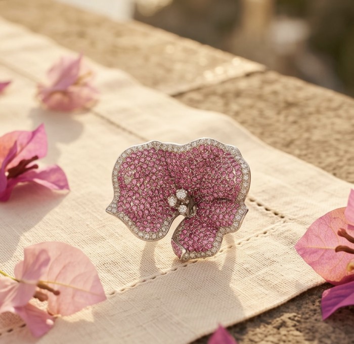 Red Hibiscus 8.2 carat authentic Mozambique Ruby .925 Sterling Silver dippedin rhodium handcrafted Statement Ring size 6 - Close-up of hibiscus ring with pink stones on a textured surface.
