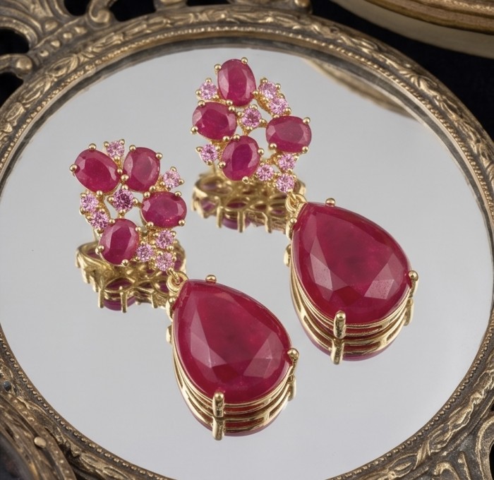 Giovanna - Magnificent Jewel - 24.2 carat Kashmir Ruby .925 Sterling Silver dipped in 22K Gold handcrafted incredible Statement earrings - Close-up of ruby earrings on a decorative mirror.