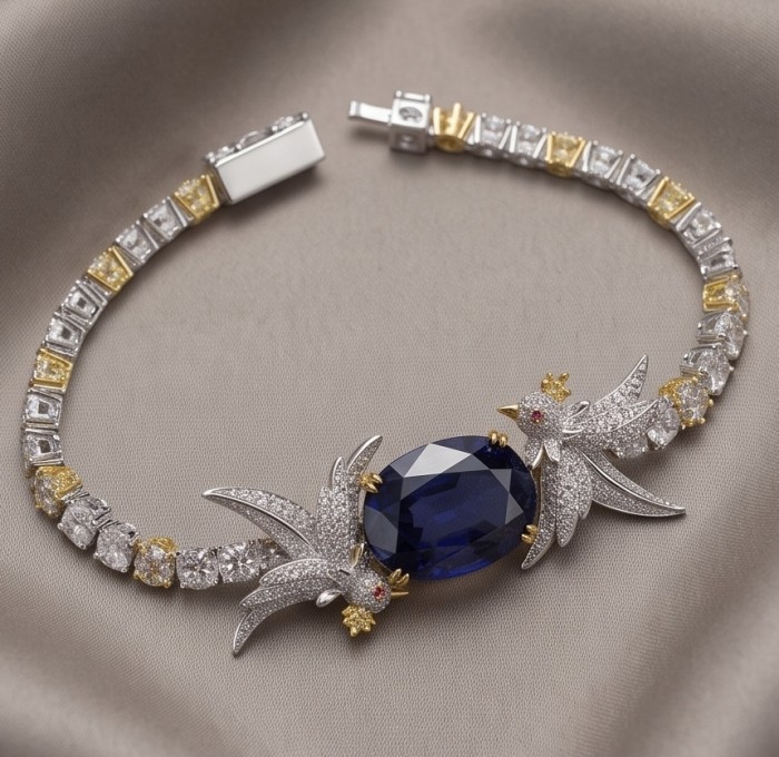 Freedom - Bird on a Rock 15.1 carat BRAZILIAN SAPPHIRE 22K Gold over .925 Sterling Silver handmade Bracelet - Elegant bracelet with sapphire and bird design, top view.