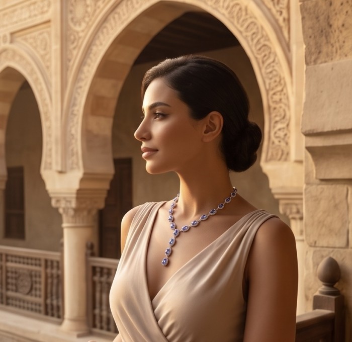 Luxurious 12.2 carat Genuine Tanzanite .925 Sterling Silver handmade Necklace - Side view of woman wearing luxurious Tanzanite necklace in elegant setting.