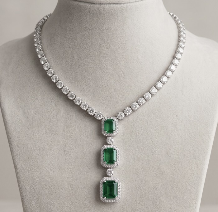 Ofelia - Authentic 10.5 CARAT natural Colombian Emerald .925 Sterling Silver handcrafted necklace - Necklace front view with emerald and diamond details