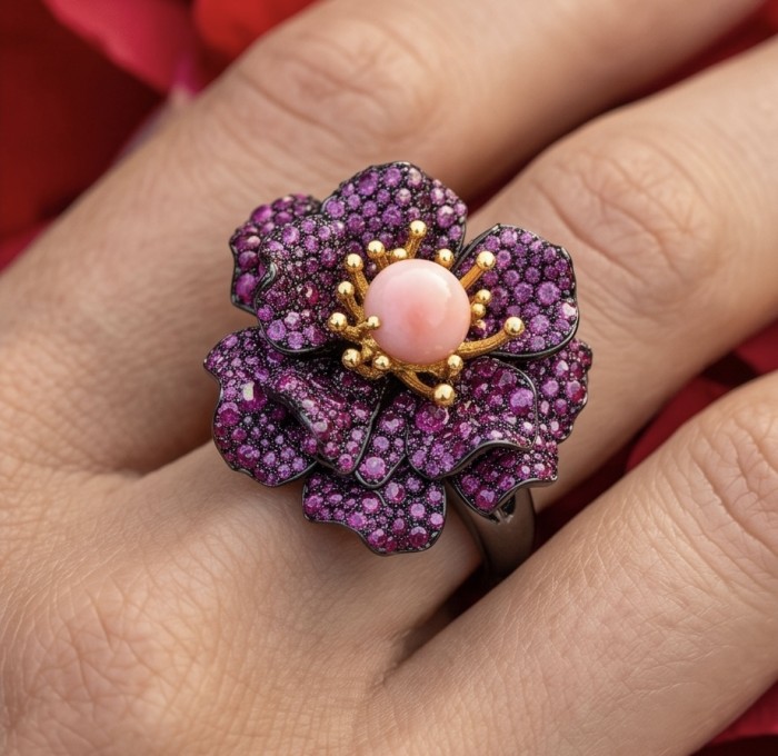 Rose Authentic 4.2.5 carat Pin Opal 7.9 carat pave Kasmir Ruby .925 Sterling Silver brilliantly dipped in black rhodium 2 tones handcrafted Statement ring; s. 6 - Floral ring with pink opal and pavé stones worn on hand close-up