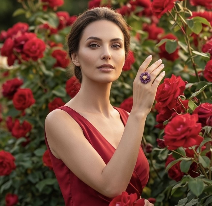 Rose Authentic 4.2.5 carat Pin Opal 7.9 carat pave Kasmir Ruby .925 Sterling Silver brilliantly dipped in black rhodium 2 tones handcrafted Statement ring; s. 6 - Woman wearing Rose Authentic ring in red rose garden.