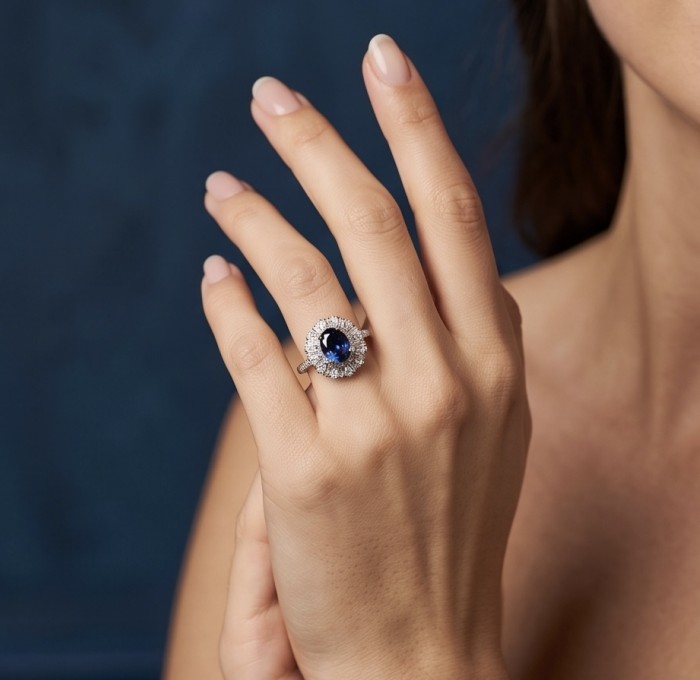 Authentic 4.9 carat Sapphire Moissanite .925 Sterling Silver handcrafted Ring size 5 - Sapphire ring with moissanite halo worn on hand, close-up view.