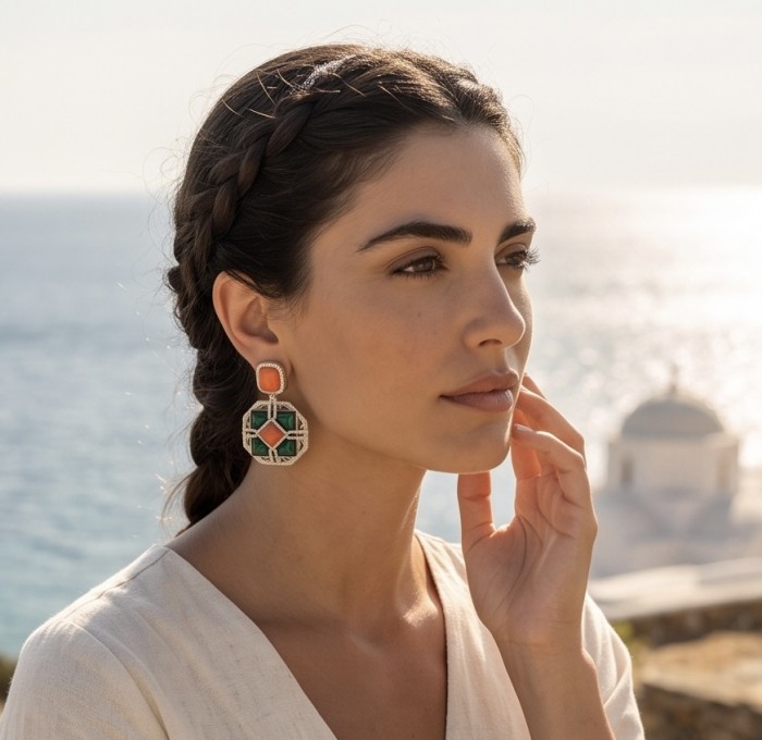Art Deco Genuine Orange Fossilized Coral Malachite rhodium over .925 Sterling Silver handmade earrings - Woman wearing Art Deco earrings with coral and malachite, side view.