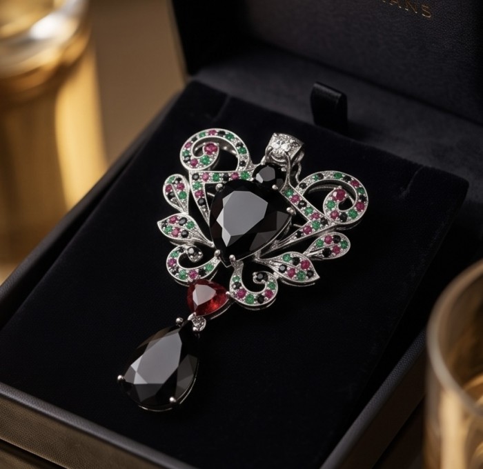 Marie Antoinette's Style 32.8grams natural Black Onyx Garnet .925 Sterling Silver dipped in Rhodium handmade LARGE Pendant - Brooch - Pendant with black onyx and garnet in an open box, detailed view.