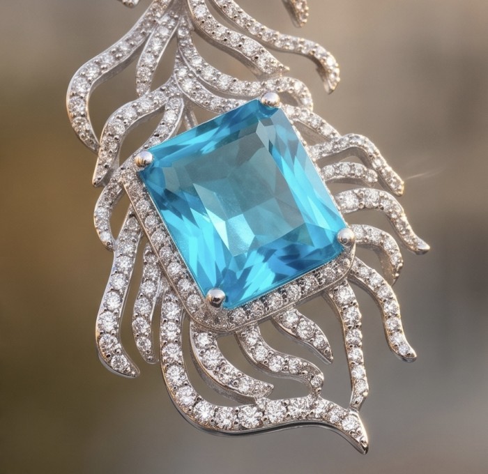 Magic Blue Feather Large 10.8 carat Swiss Blue Topaz .925 Sterling Silver DIPPED IN RHODIUM handmade Brooch - Close-up of Magic Blue Feather pendant with Swiss Blue Topaz and diamonds