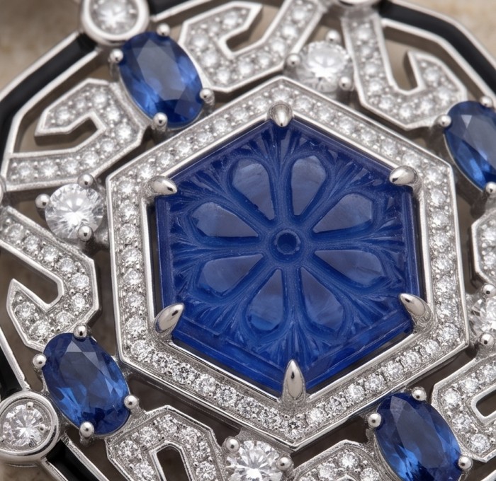 Art Deco - Pacifica - 38.4 carat Sapphire Enamel .925 Sterling Silver handmade Statement Earrings - Close-up of Art Deco sapphire enamel jewelry with diamonds.