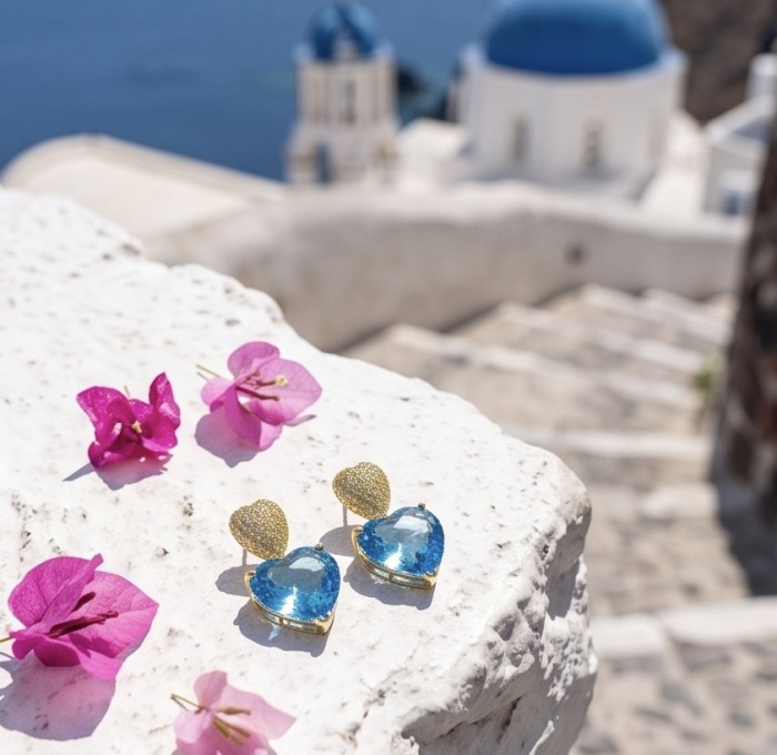 Tranquillity - 8.7 carat carved Swiss Blue Topaz .925 Sterling Silver dipped in Rhodium Handcrafted Statement earrings - Topaz earrings on stone with flowers and seaside architecture background.