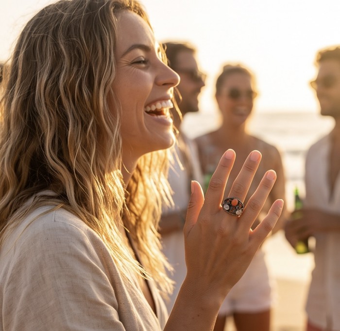Queen of Fire best quality 2.4 carat Mexican Opal black rhodium over .925 Sterling Silver handmade ring 7 - Opal ring worn on hand at sunset, featuring Queen of Fire design.