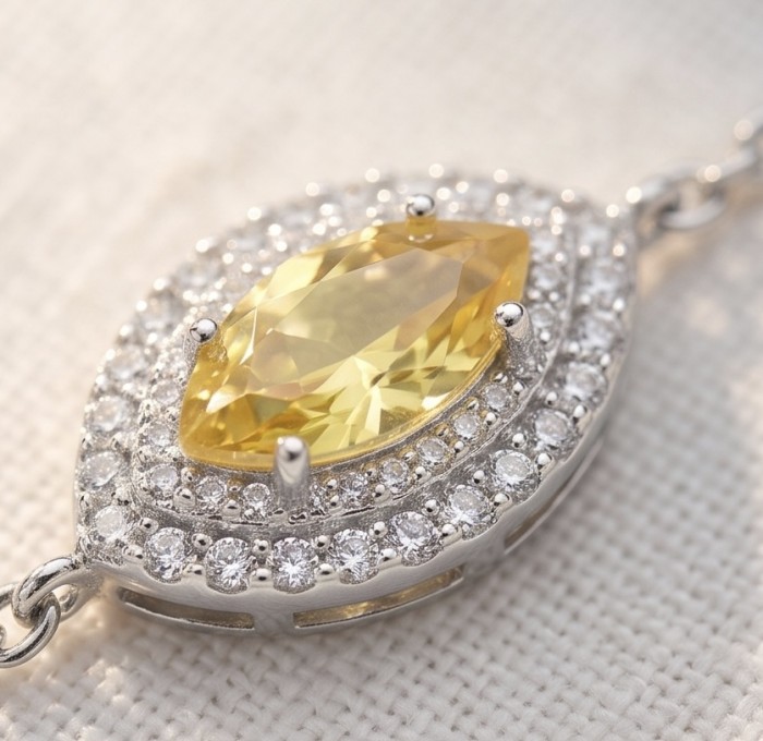 Luxurious 4.5 carat marquoise cut Yellow Sapphire .925 Sterling Silver handcrafted Statement Bracelet - Close-up of yellow sapphire and diamonds in marquise cut pendant.
