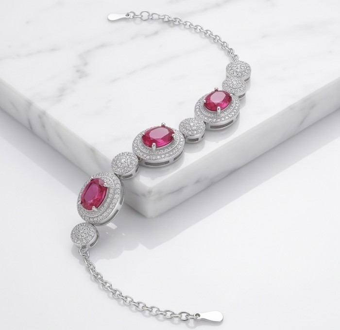 Luxurious 2.8 carat natural Mozambique Ruby .925 Sterling Silver Statement Bracelet - Close-up of a sterling silver bracelet with Mozambique rubies.