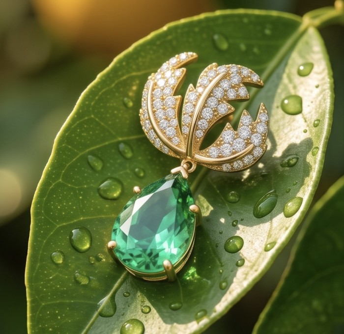 Green Cascade - 8.5 carat Green Topaz 14K Gold over .925 Sterling Silver handmade Statement earrings - Close-up of Green Cascade pendant on a leaf with water droplets