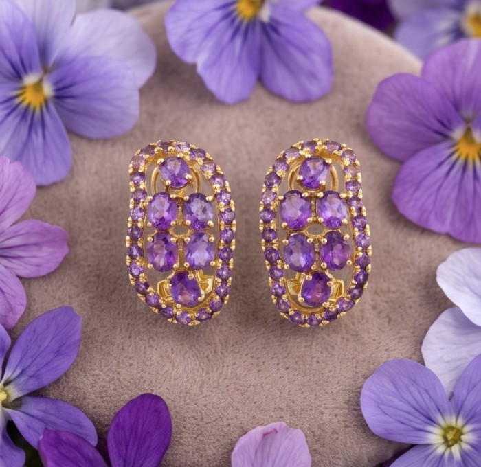 Isabel Authentic 10.4 carat Amethyst 18k Gold over .925 Sterling Silver handcrafted Statement Earrings - Amethyst earrings front view with purple flowers and gold setting