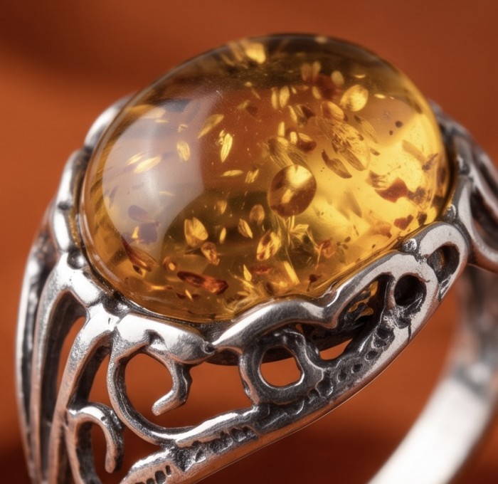 Vintage Style Authentic Golden Butterscotch Baltic Amber .925 Sterling Silver entirely handcrafted ring; s. 5 - Close-up of vintage style ring with Baltic amber stone