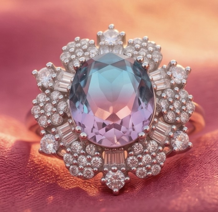 Stella 8.8 carat Alexandrite .925 Sterling Silver Perfectly handcrafted Ring s. 9 - Close-up of Stella 8.8 carat Alexandrite ring in sterling silver.