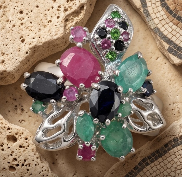 Giovanna 22.5 carat Emerald Ruby Sapphire rhodium over .925 Sterling Silver handcrafted ring size 7 - Close-up of Giovanna emerald, ruby, sapphire floral ring design