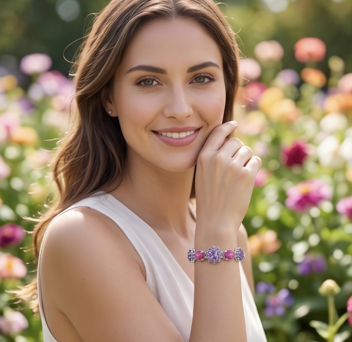Bella Rosa - 14.4 carat authentic Mozambique Ruby 12.1 carat Amethyst .925 Sterling Silver dipped in rhodium Gold handcrafted Bracelet - Woman wearing Bella Rosa bracelet in a garden setting