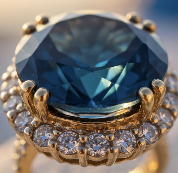 Atlantica rare round cut 17.9 carat authentic London Blue Topaz 22K Gold over .925 Sterling Silver Handcrafted Ring size 7 1/2 - Close-up of gold ring with London Blue Topaz and diamond accents.