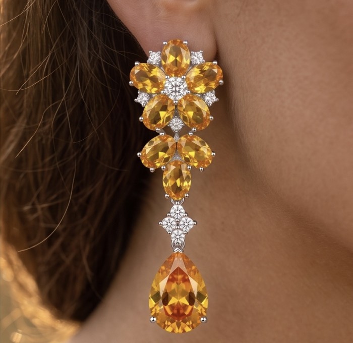 Francesca - Luxurious 28.5 carat Natural Citrine rhodium over .925 Sterling Silver handcrafted Statement earrings - Citrine and diamond earring close-up, worn on ear.