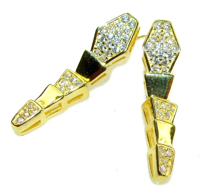 Cleopatra - The Egyptian Cobra White Sapphire 18K Gold over .925 Sterling Silver handcrafted Earrings - Close-up of Cleopatra Egyptian Cobra earrings in 18K gold with sapphires.