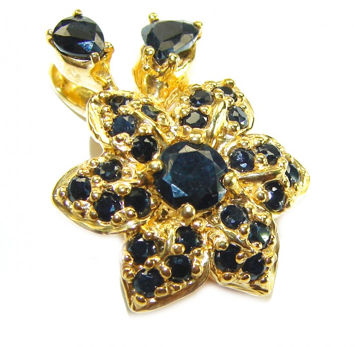 Authentic 10.5 carat faceted Sapphire 14K Gold over .925 Sterling Silver handcrafted Statement Pendant - Close-up of faceted sapphire flower design in 14K gold over .925 silver.
