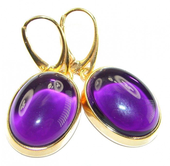 Lavender Beauty authentic 10.2 carat Amethyst 14K Gold over .925 Sterling Silver handcrafted earrings - Close-up of amethyst drop earrings in 14K gold settings.