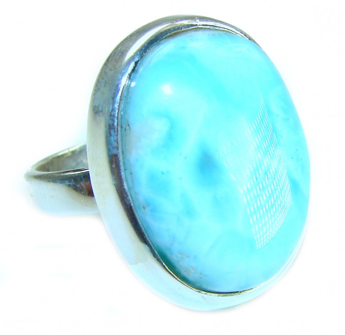 Blue Perfection AAAA QUALITY Blue Larimar .925 Sterling Silver handmade Large ring size 8 adjustable - Close-up of blue Larimar ring set in .925 sterling silver.