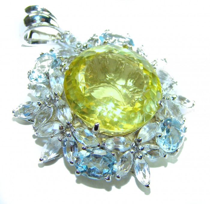 Costa del Sol 21.1 carat Lemon Quartz Aquamarine rhodium over .925 Sterling Silver handcrafted pendant - Close-up of Costa del Sol lemon quartz and aquamarine pendant.