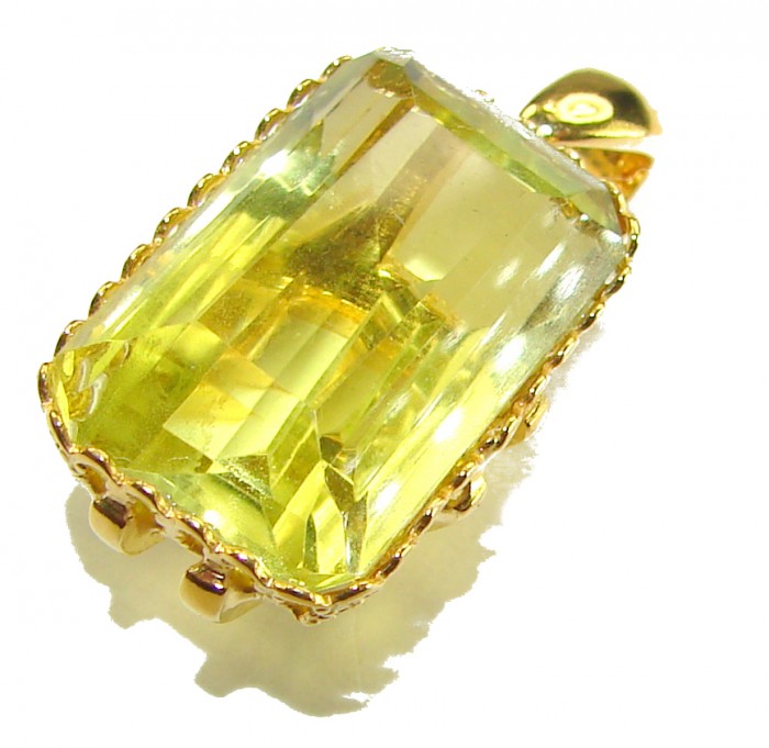 Baquette cut 10.3 carat Lemon Quartz 18K Gold over .925 Sterling Silver handcrafted pendant - Close-up of baguette-cut lemon quartz pendant in 18K gold over .925 silver.