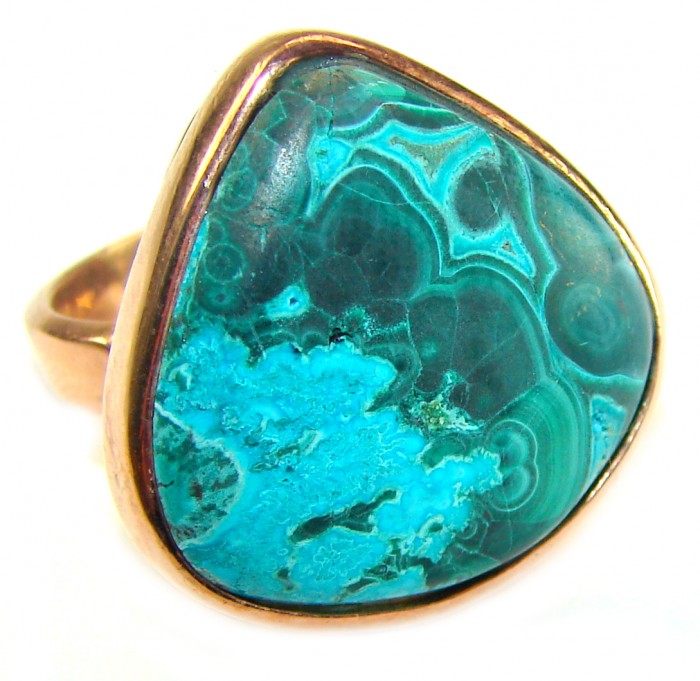 Authentic Parrot's Wing Chrysocolla 18K Gold over .925 Sterling Silver handcrafted ring size 8 adjustable - Close-up of Parrot's Wing Chrysocolla ring in gold over sterling silver.