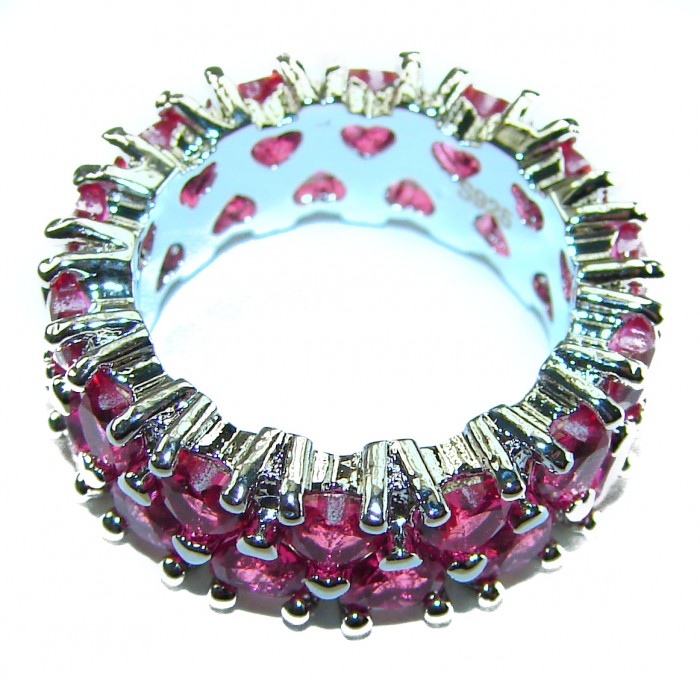 Born to Glam authentic Garnet .925 Silver handcrafted Eternity Ring s. 6 - Garnet silver ring, top view of heart-shaped stones and setting details.