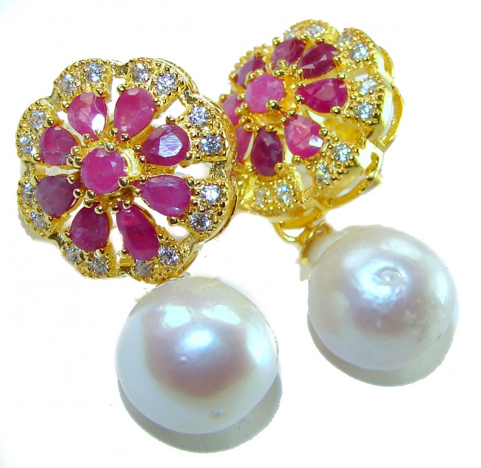 Born to Glam authentic 15.2 carat Ruby Pearl 18K Gold over .925 Sterling Silver handcrafted earrings - Ruby and pearl earrings, close-up detail with 18K gold setting.